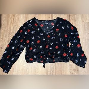 Black floral tie up blouse